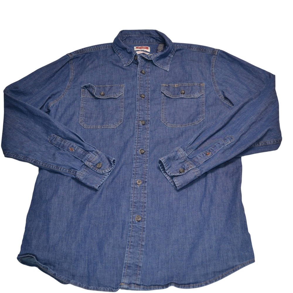 Wrangler Denim Shirt Mens‎ Medium Blue Flex Comfort Western Ranch Cowboy Work